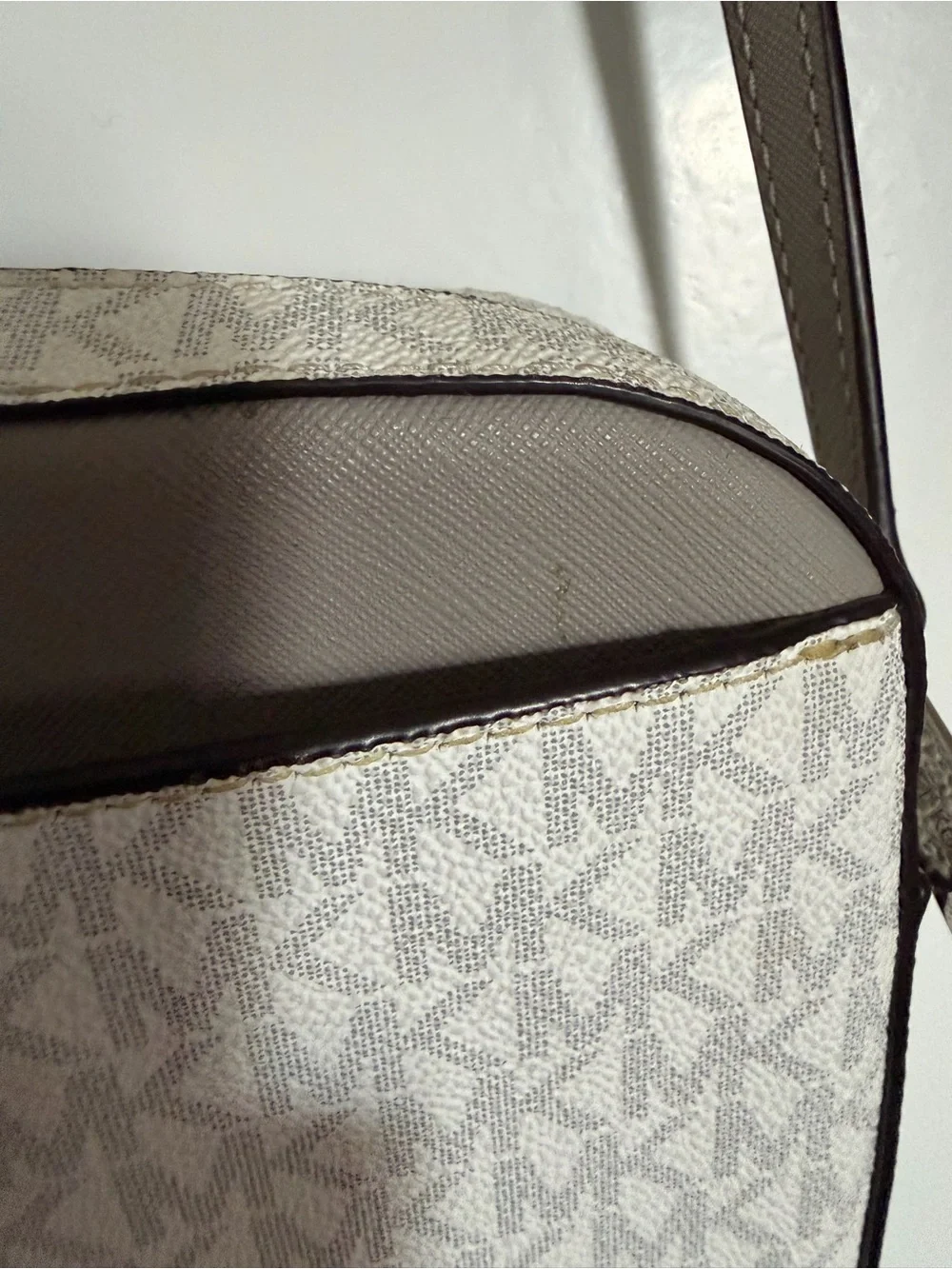 Michael Kors White and Taupe Signature Crossbody with Chain Detail